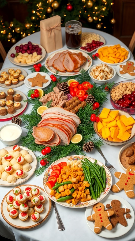 A festive Christmas party table with assorted appetizers, main dishes, and desserts.